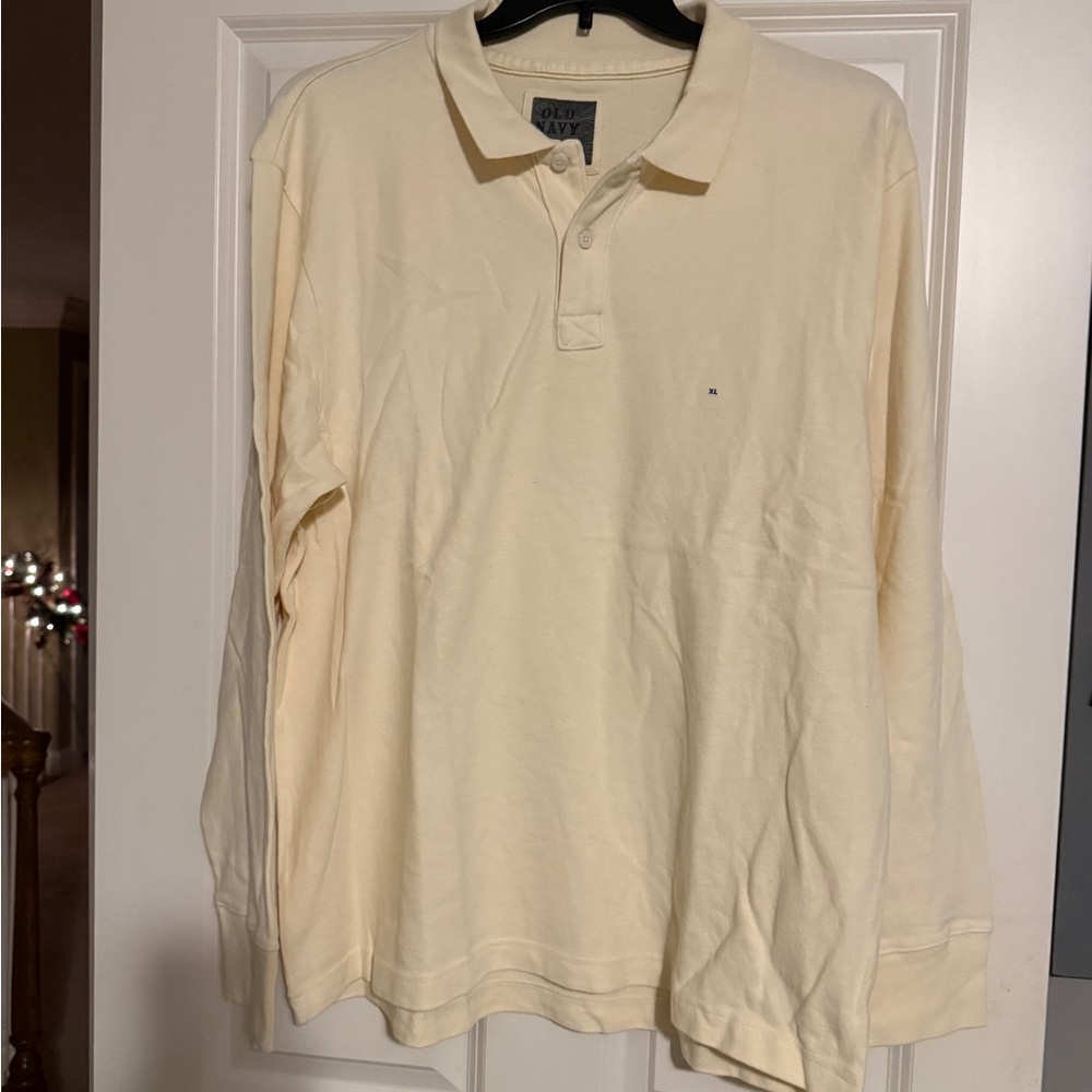 Old Navy Men's Cream Long Sleeve Polo Shirt